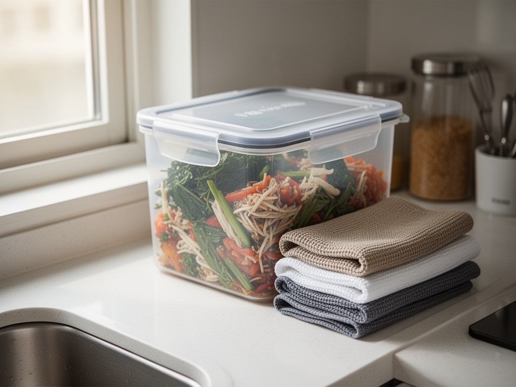 A sealed food waste container and dry kitchen cloths stored in a clean, organized Korean home counter.