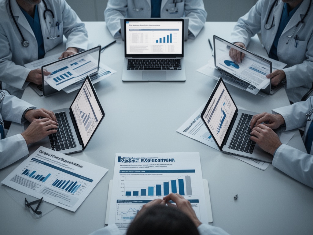 Five healthcare provider organizations seated across negotiation table, presenting budget expansion proposals with printed data.