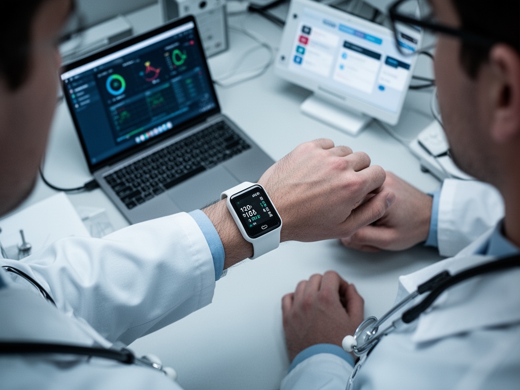 Close-up of a plain unmarked wrist-worn blood pressure monitoring device being demonstrated on a healthcare professional's wrist.