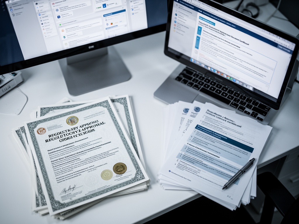 Stacked regulatory approval certificates and clinical guideline documents arranged on an office desk, symbolizing institutional framework changes.