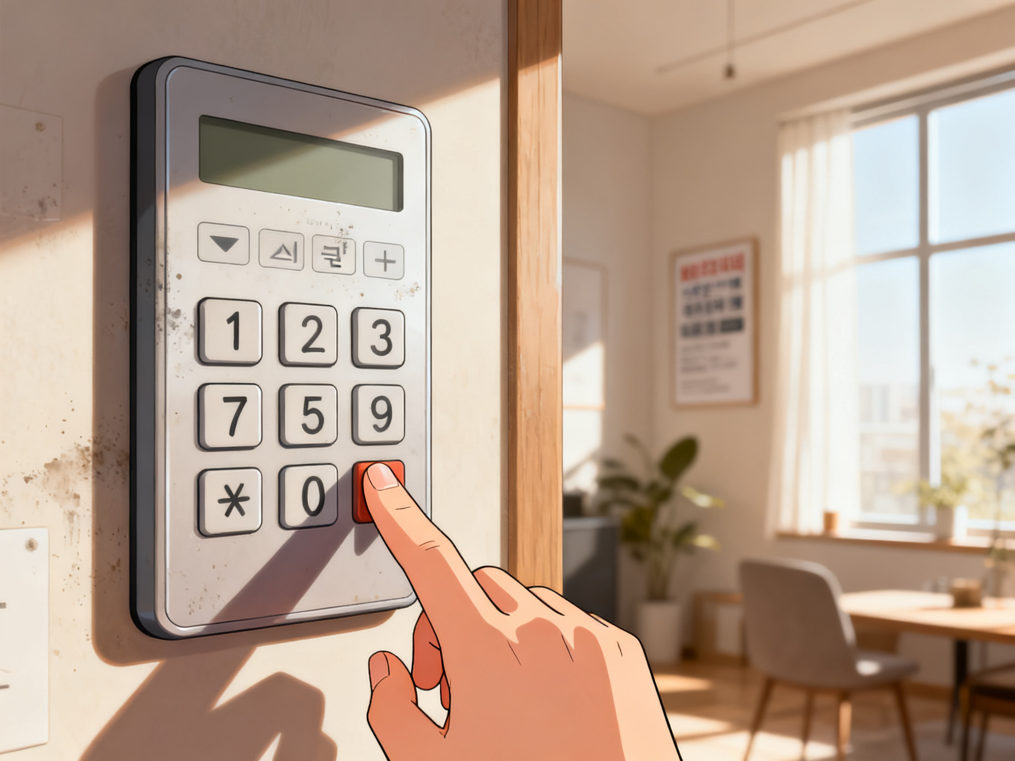 A hand-written digital keypad being observed from a distance, numbers being pressed in sequence.