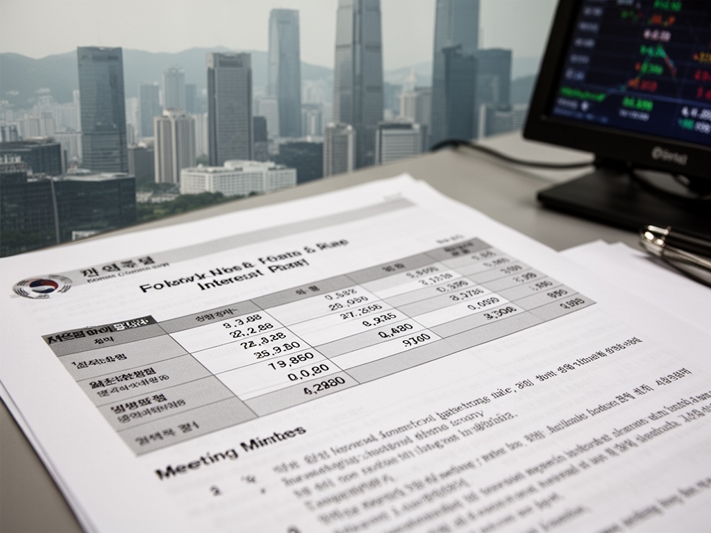 Close-up of a policy document with interest rate numbers and meeting minutes on a desk in a Korean central bank office.