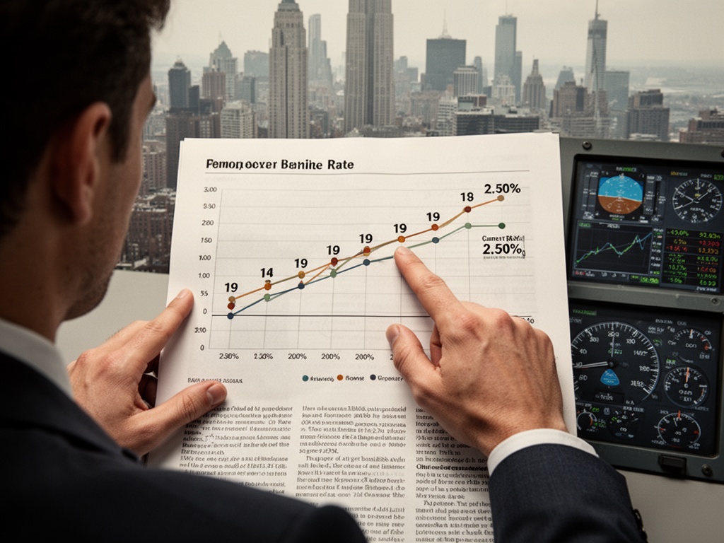 A hand pointing to a dot plot chart showing 19 marked positions above the current 2.50% baseline rate.