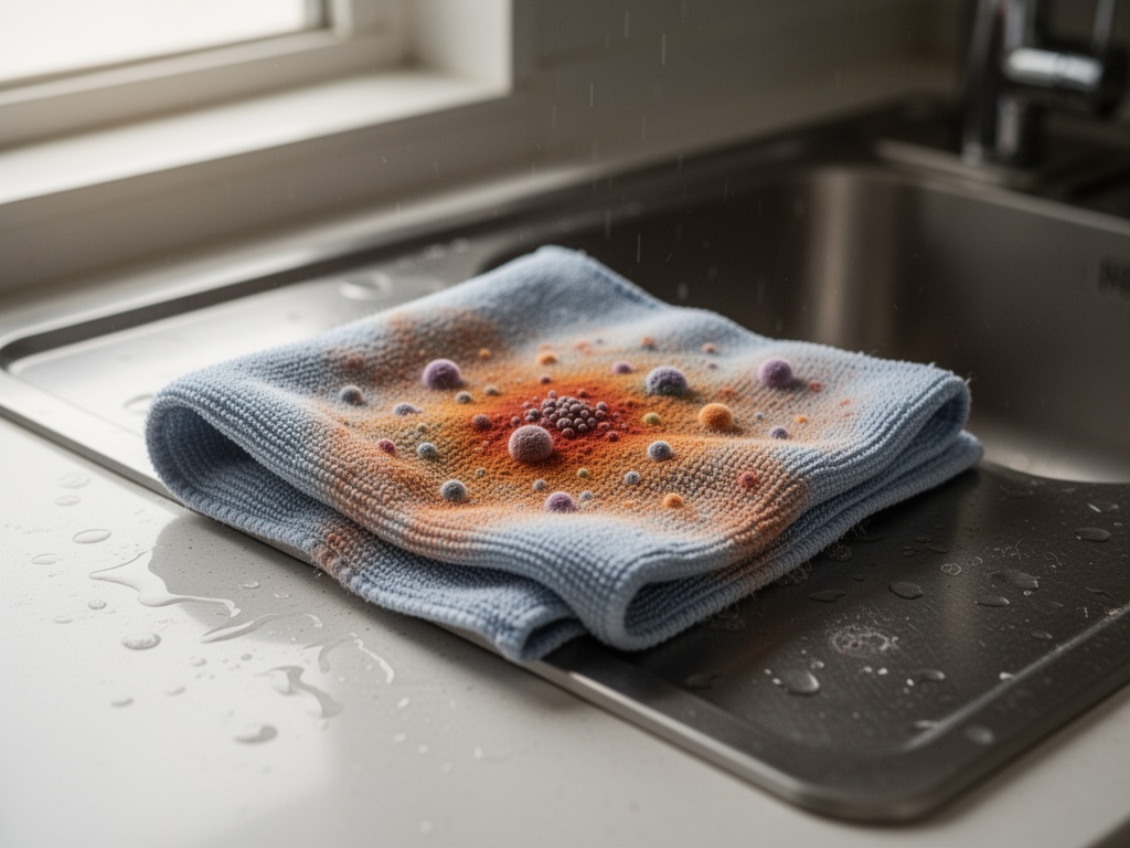 Damp cloth contaminated with bacteria resting on Korean kitchen sink counter.