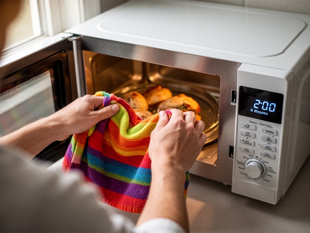 Hands placing saturated cloth into microwave and setting timer for two minutes.