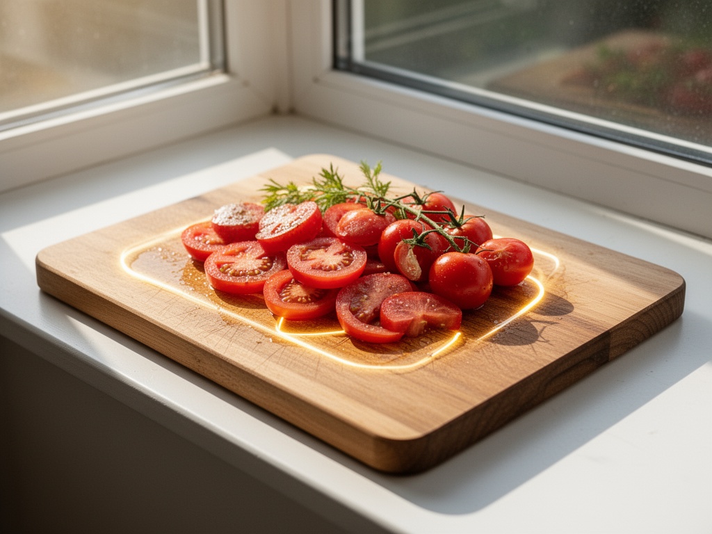 Wooden cutting board laid flat in sunlight on a bright windowsill for UV drying.