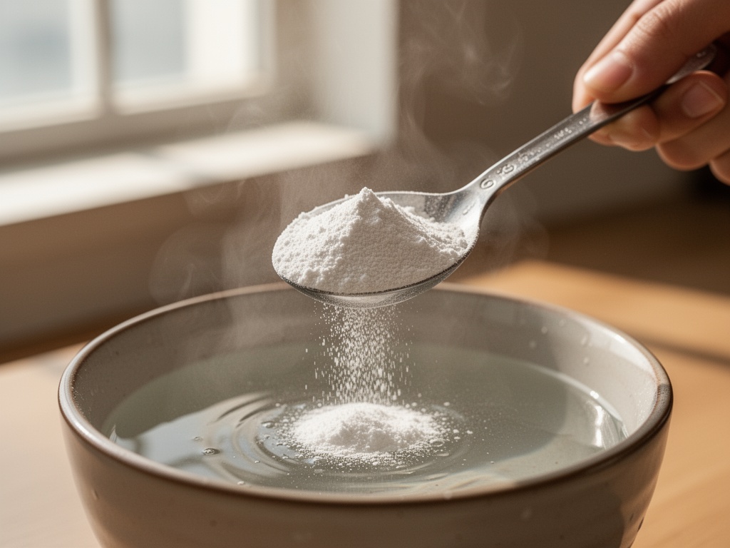 Close-up of a plain unmarked powder being measured into a spoon above a basin of steaming water.