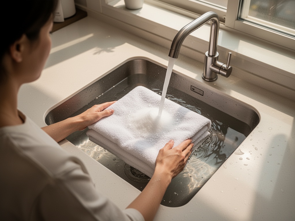 Folded towels submerged in hot water mixed with oxygen-based powder, soaking for thirty minutes in a Korean home sink.