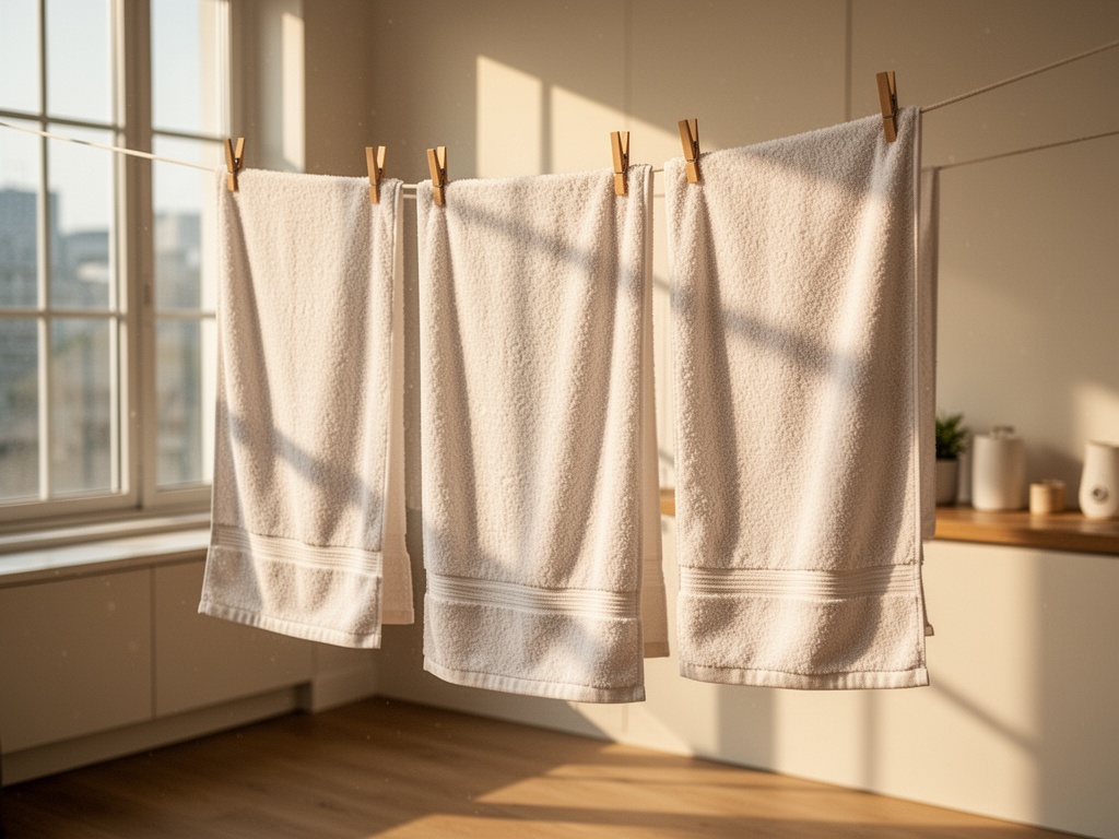 Towels hanging on a clothesline in bright sunlight, completely dry and ready for use after treatment.