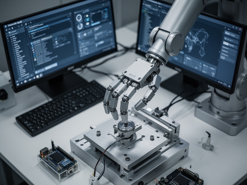 Close-up of robot's articulated hand with multiple joints positioned over a precision manufacturing task.
