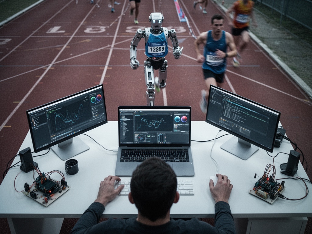 Robot in motion during a half-marathon race on an outdoor track, mid-stride with competitive energy.