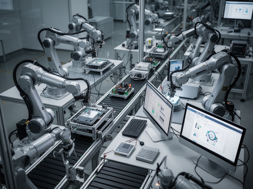 Factory assembly line with multiple robots working in coordinated positions along a production conveyor system.