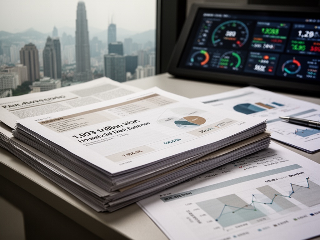 Stacked documents and charts showing 1,993 trillion won household debt balance on a desk.
