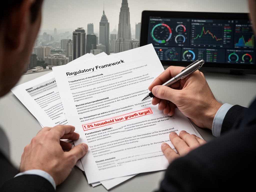 A hand signing regulatory framework papers with 1.5% household loan growth target highlighted.