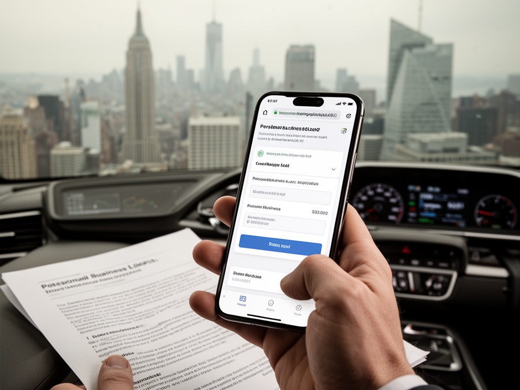 Smartphone screen displaying internet banking app interface with personal business loan application form visible.