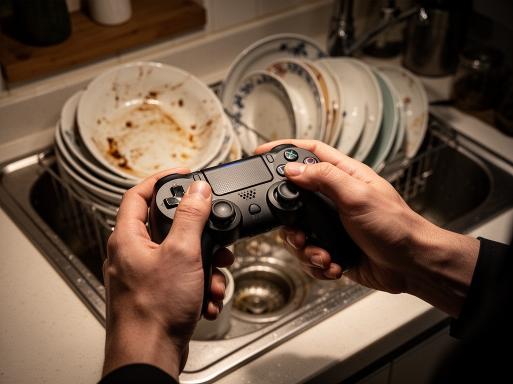 Close-up of hands holding a game controller, while dirty dishes pile up in the background kitchen sink.
