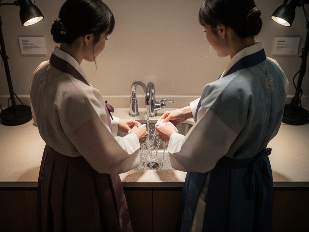 Two figures standing together at the sink, one washing while the other dries, their body language gradually softening.