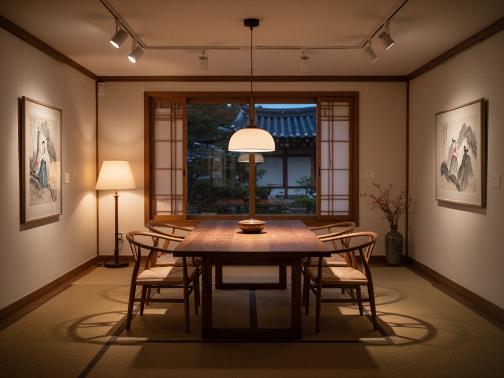 Wide shot of a Korean home interior at dusk, soft lamp light casting warm shadows across an empty dining table.