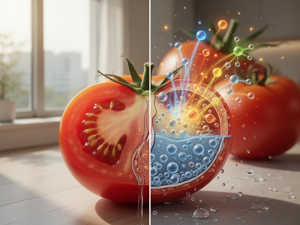 Cross-section of a tomato showing volatile aromatic compounds and enzyme activity in warm versus cold conditions.