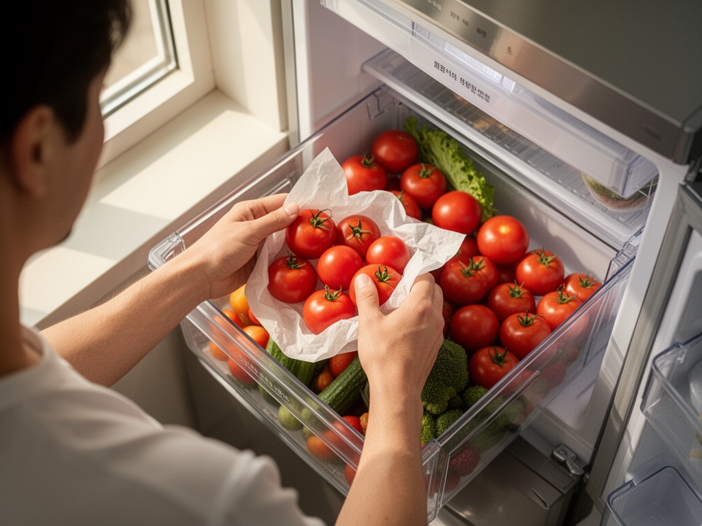 Hands wrapping individual tomatoes in kitchen paper before placing them in a refrigerator's vegetable drawer.