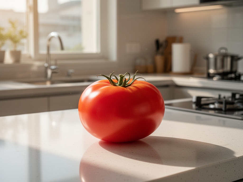 A tomato removed from cold storage, resting on a kitchen counter for 30 minutes before tasting, flavor restored.