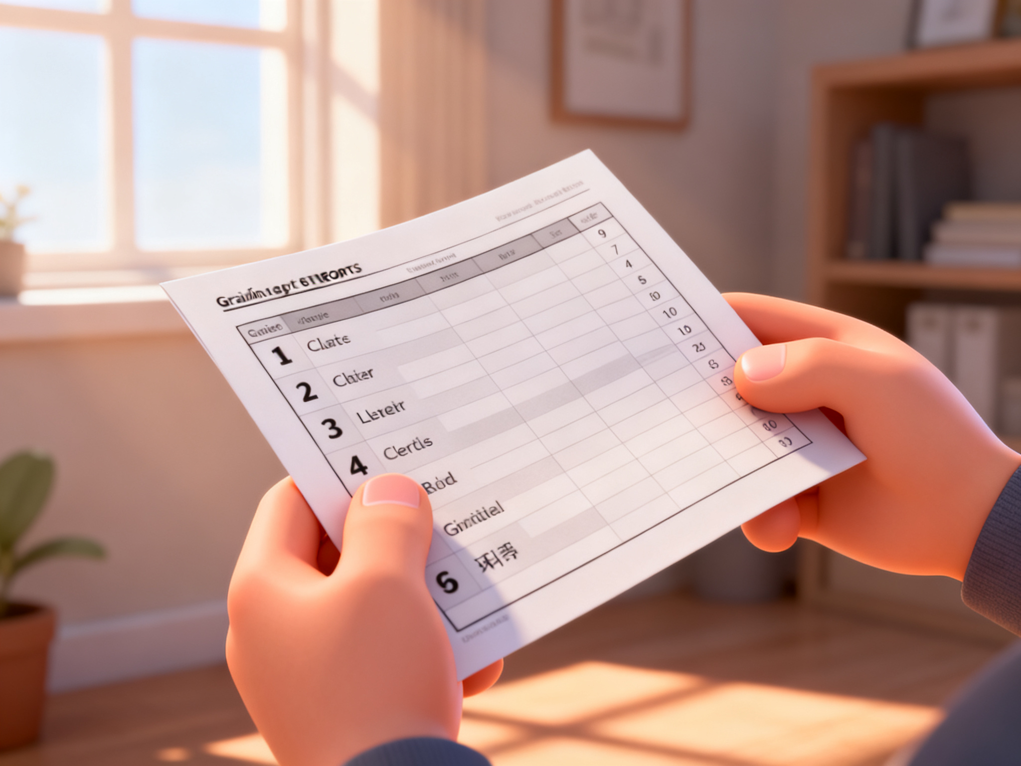 Close-up of hands holding a grading report card showing five-tier letter grades instead of nine numerical ranks.