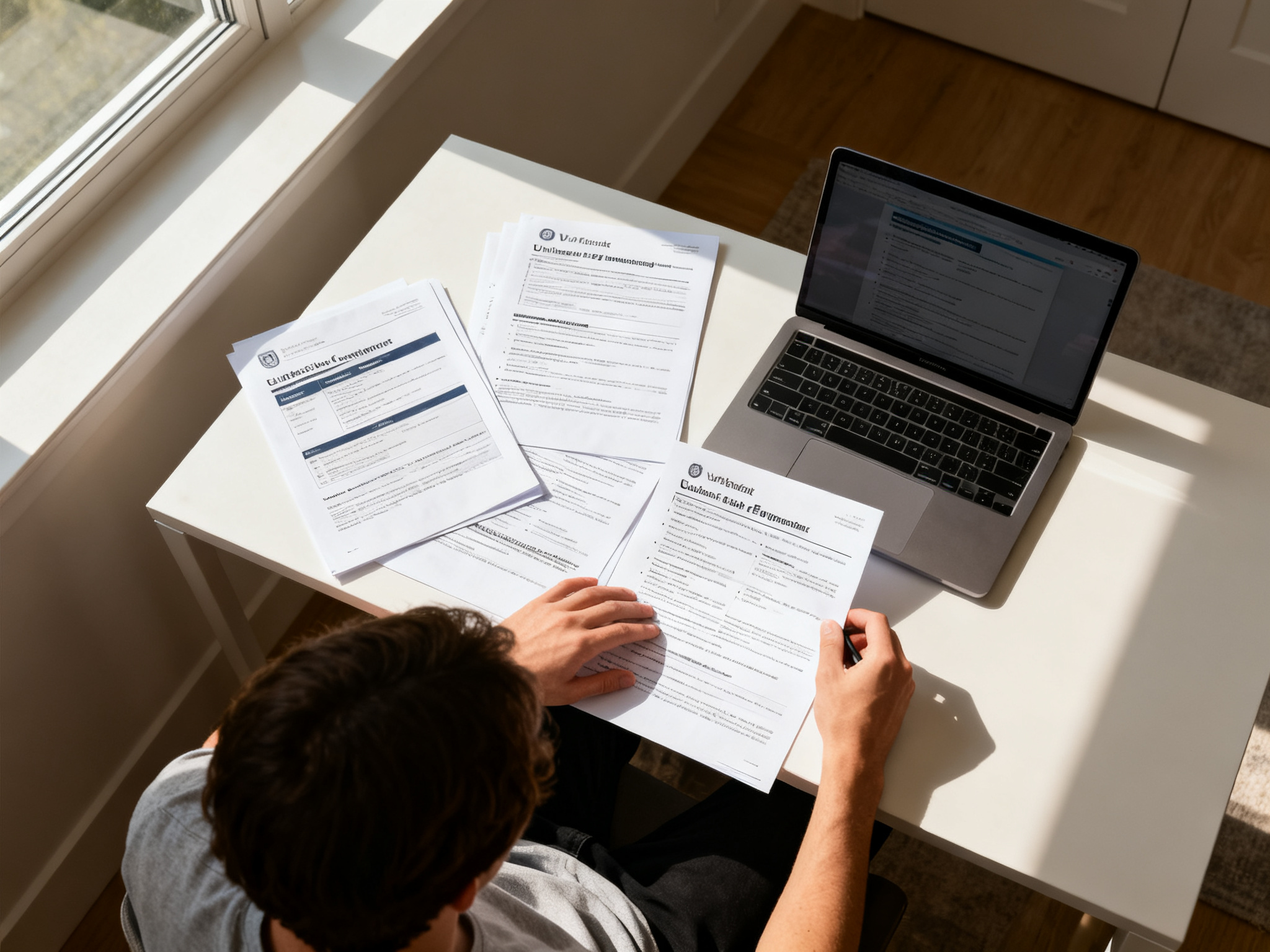 Student sitting at desk comparing university eligibility requirements across multiple printed documents and laptop screen.