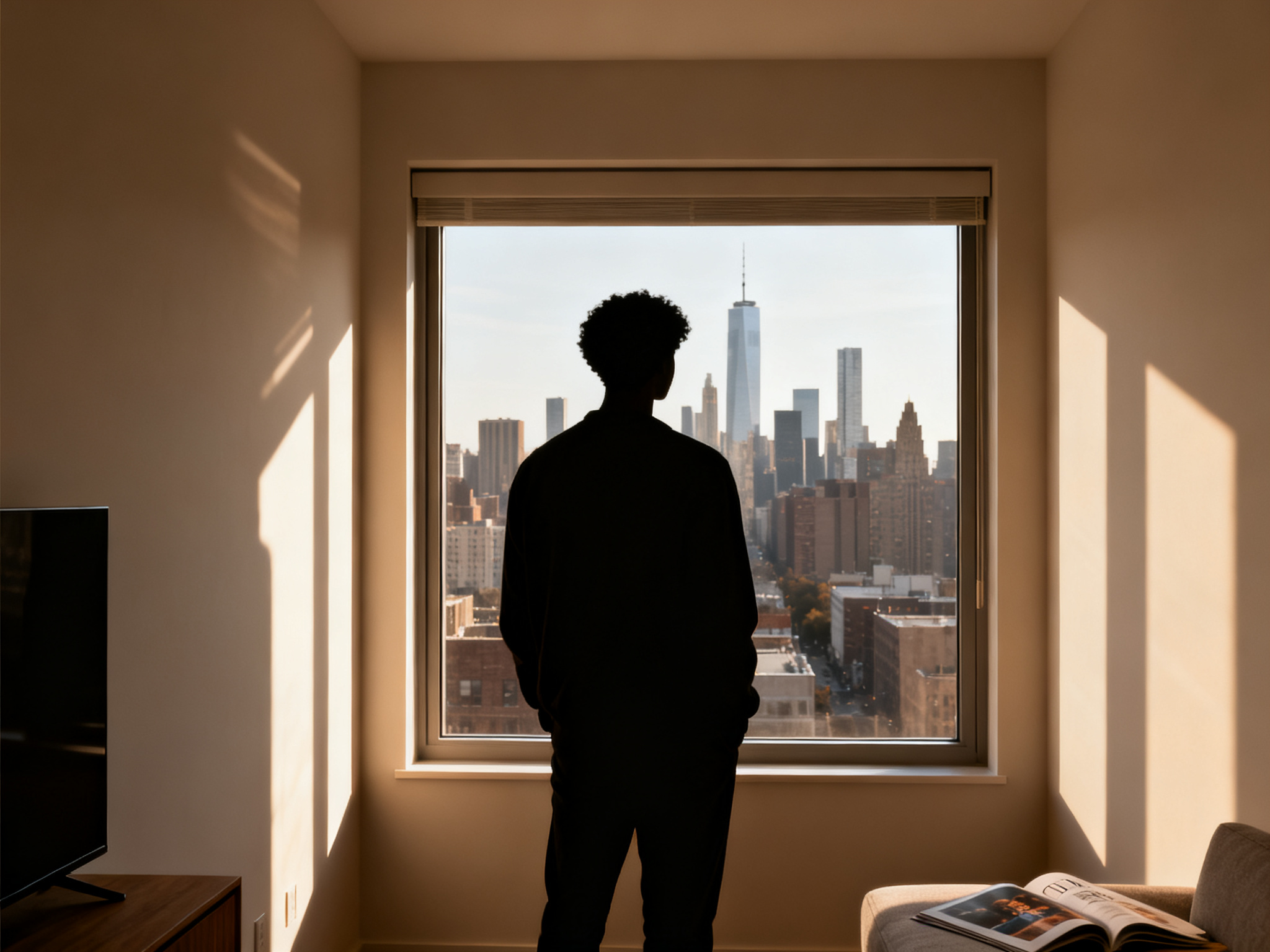 Silhouette of a figure looking out a window at an urban skyline, representing uncertainty about changing college admission paths.