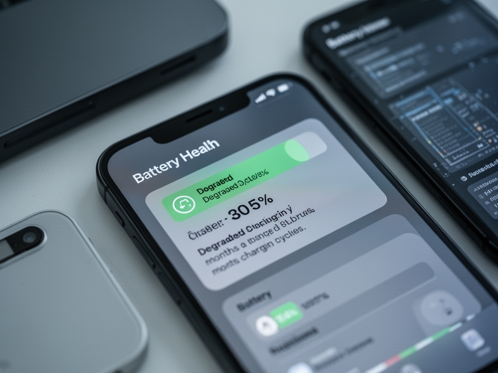 Close-up of a battery health status screen showing degraded capacity percentage after months of full charging cycles.
