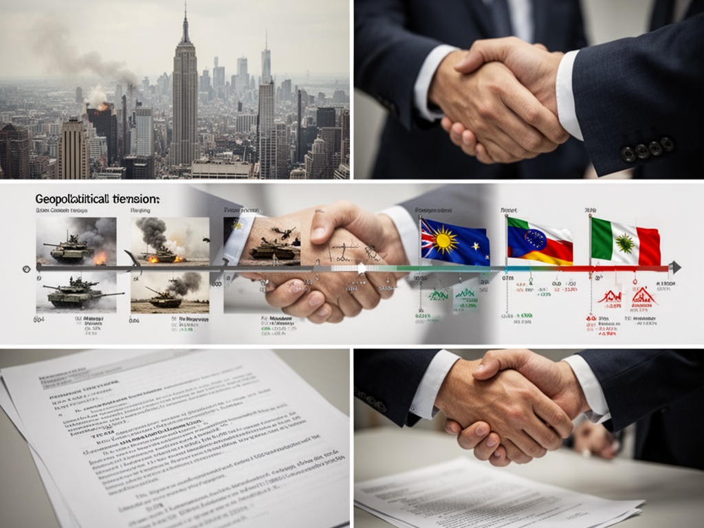 Geopolitical tension timeline: military conflict imagery transitioning to peace negotiation documents and handshake moments between nations.