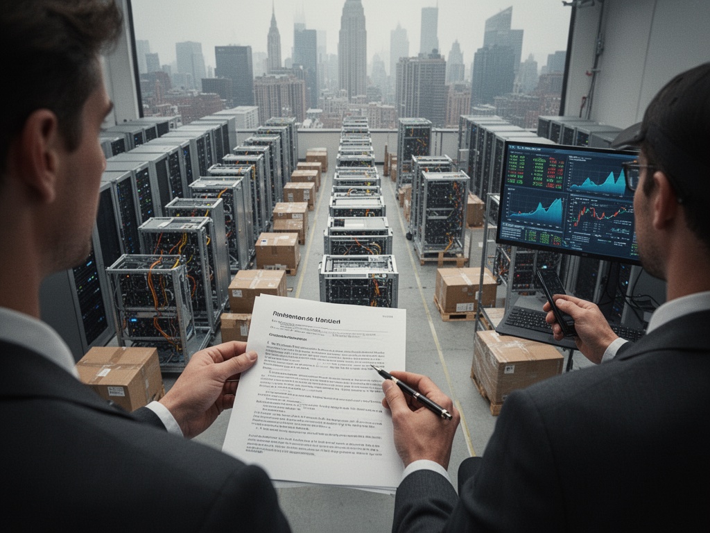 Server manufacturing facility with rows of AI infrastructure equipment being assembled and shipped, representing corporate earnings surge.