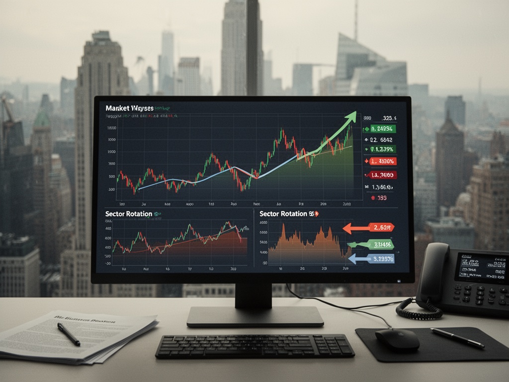 Market data visualization showing upward stock charts, oil price decline graph, and sector rotation arrows on a digital display.