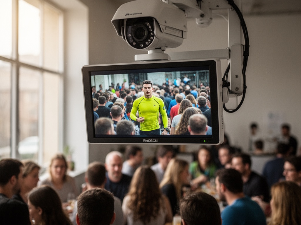 An overhead security camera monitor displaying a lone figure in vibrant yellow rashguard visible on the screen among the masses.