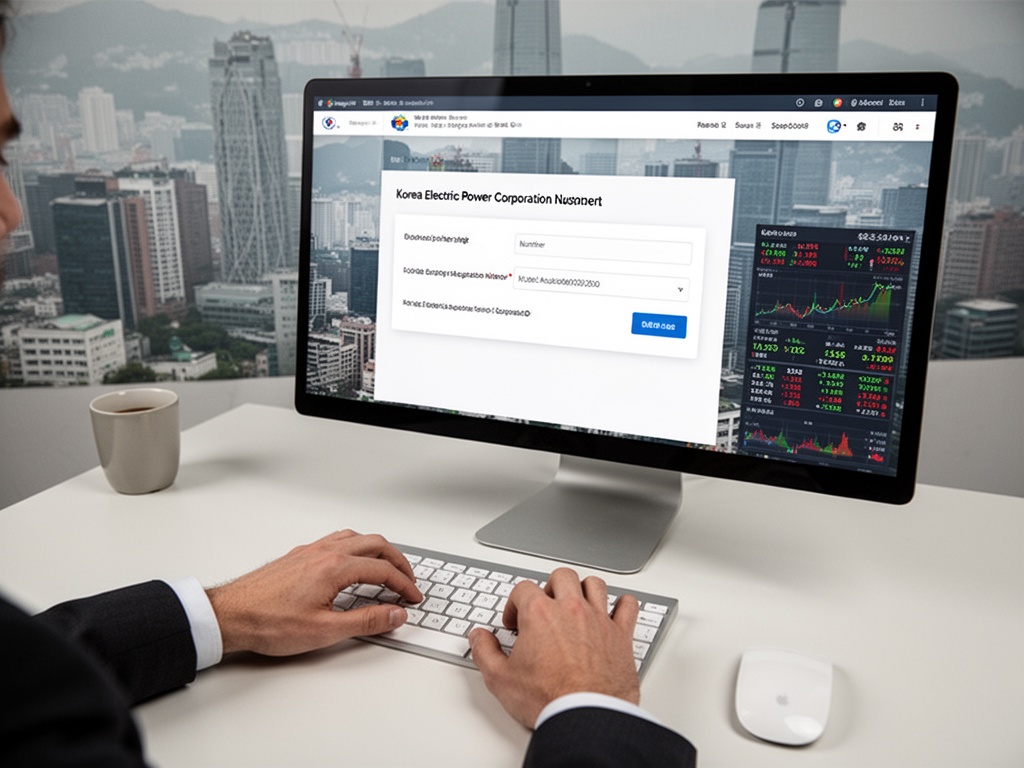 Hands typing on a computer entering business registration number and Korea Electric Power Corporation customer ID into the online portal website.