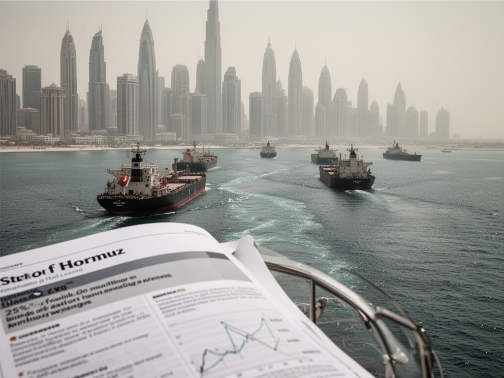 Strait of Hormuz shipping lane with tanker silhouettes, representing 25% of world maritime oil trade passing through narrow waterway.