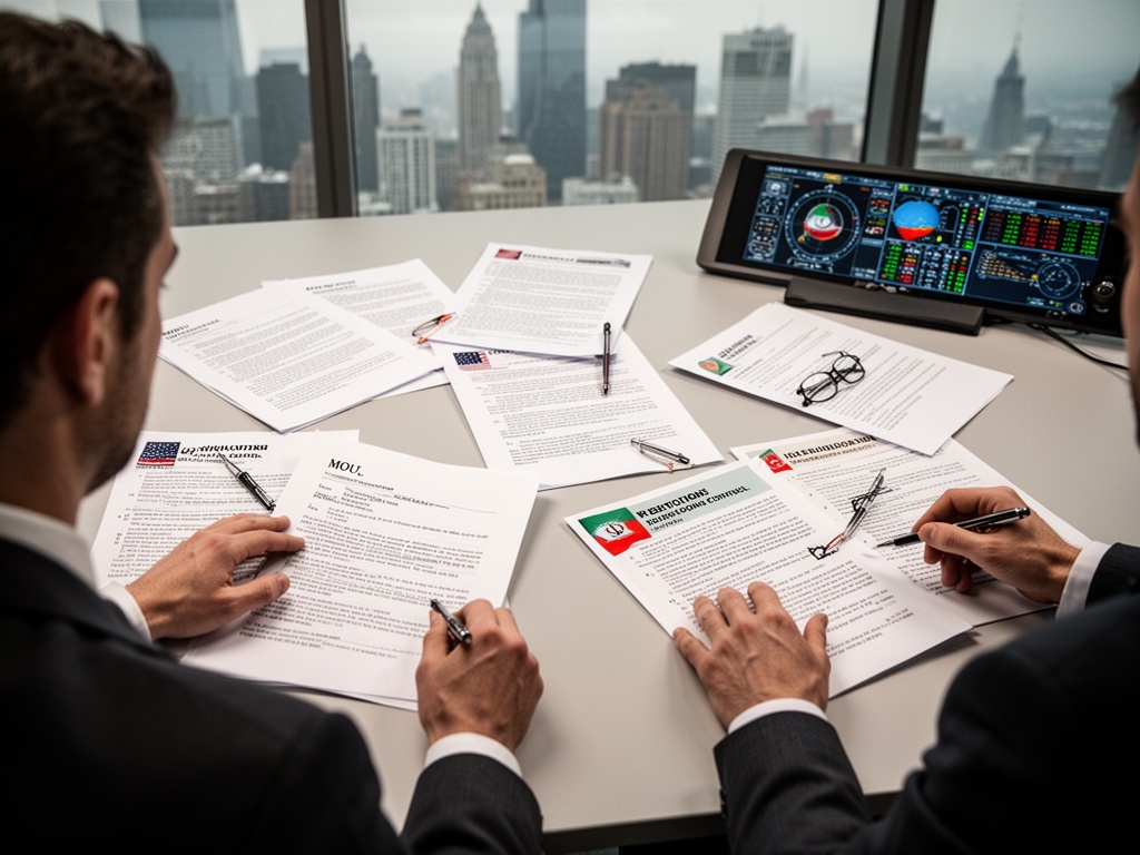 Negotiation table with MOU draft documents and competing US-Iran position papers spread across surface, marking nuclear and strait control disagreements.