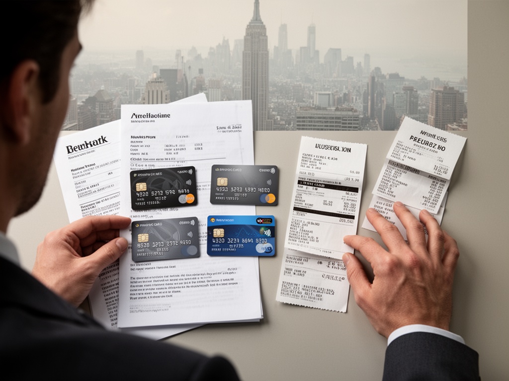 Three unmarked credit cards positioned next to utility bills, transit passes, and streaming service receipts for allocation strategy.
