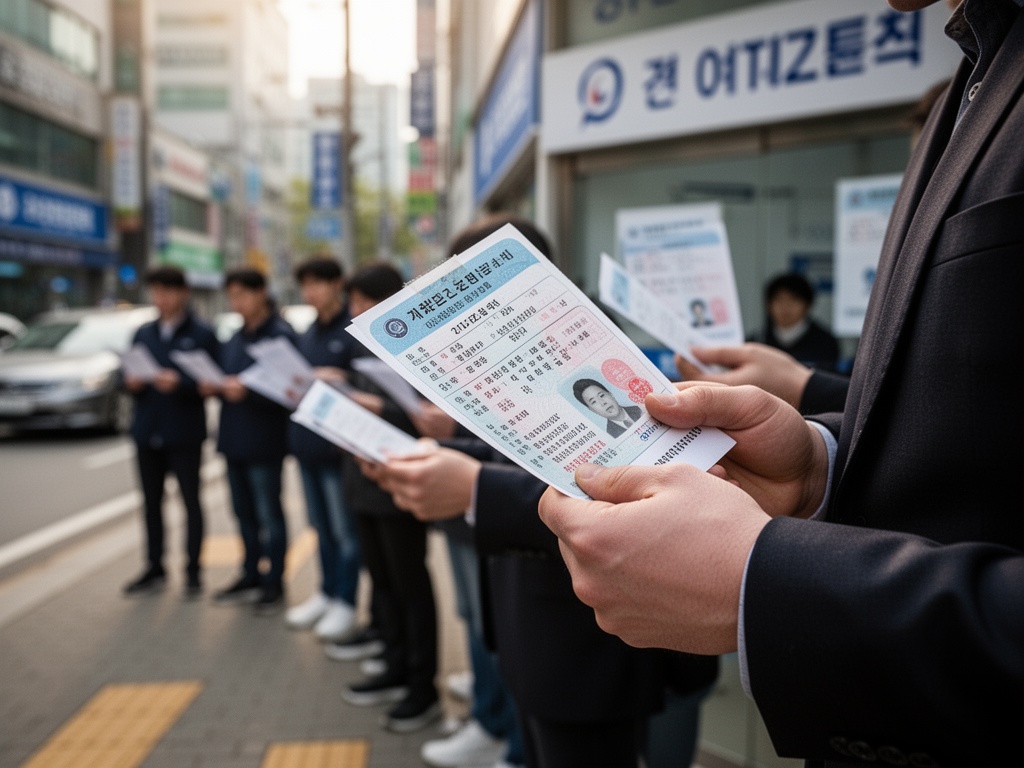 Citizens holding identification documents waiting outside a voting location on Seoul street