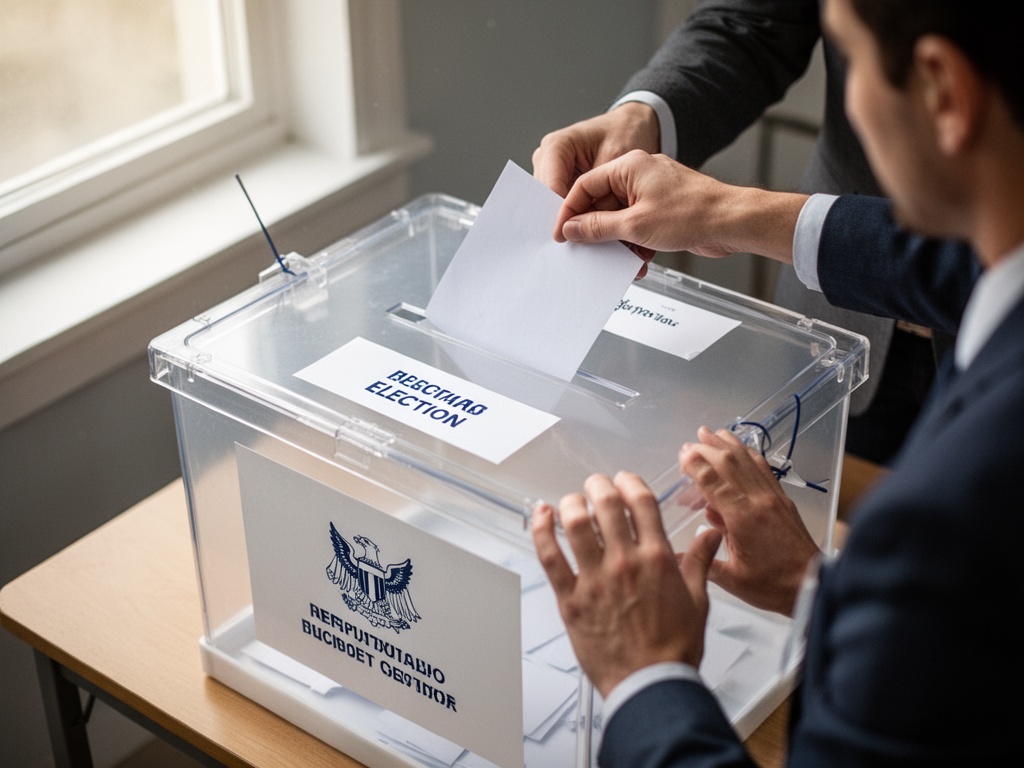 Hands inserting ballot papers into voting boxes with official election signage visible