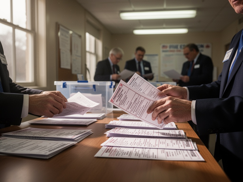 Election officials at a desk reviewing completed ballots under fluorescent lights in the background