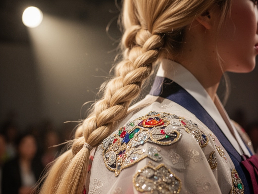 A close-up of a braided blonde hairstyle and stage costume detail catching arena spotlight.