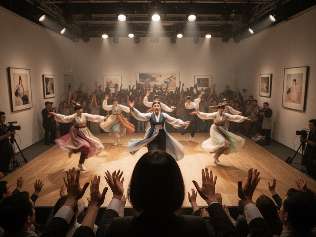 A wide shot of the stage with performers in dynamic movement, crowd energy visible in the background.