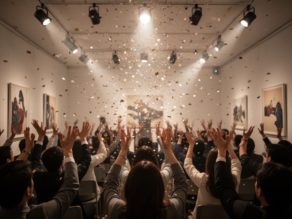 Confetti and light effects filling the air above the audience, with hands raised in celebration throughout the venue.