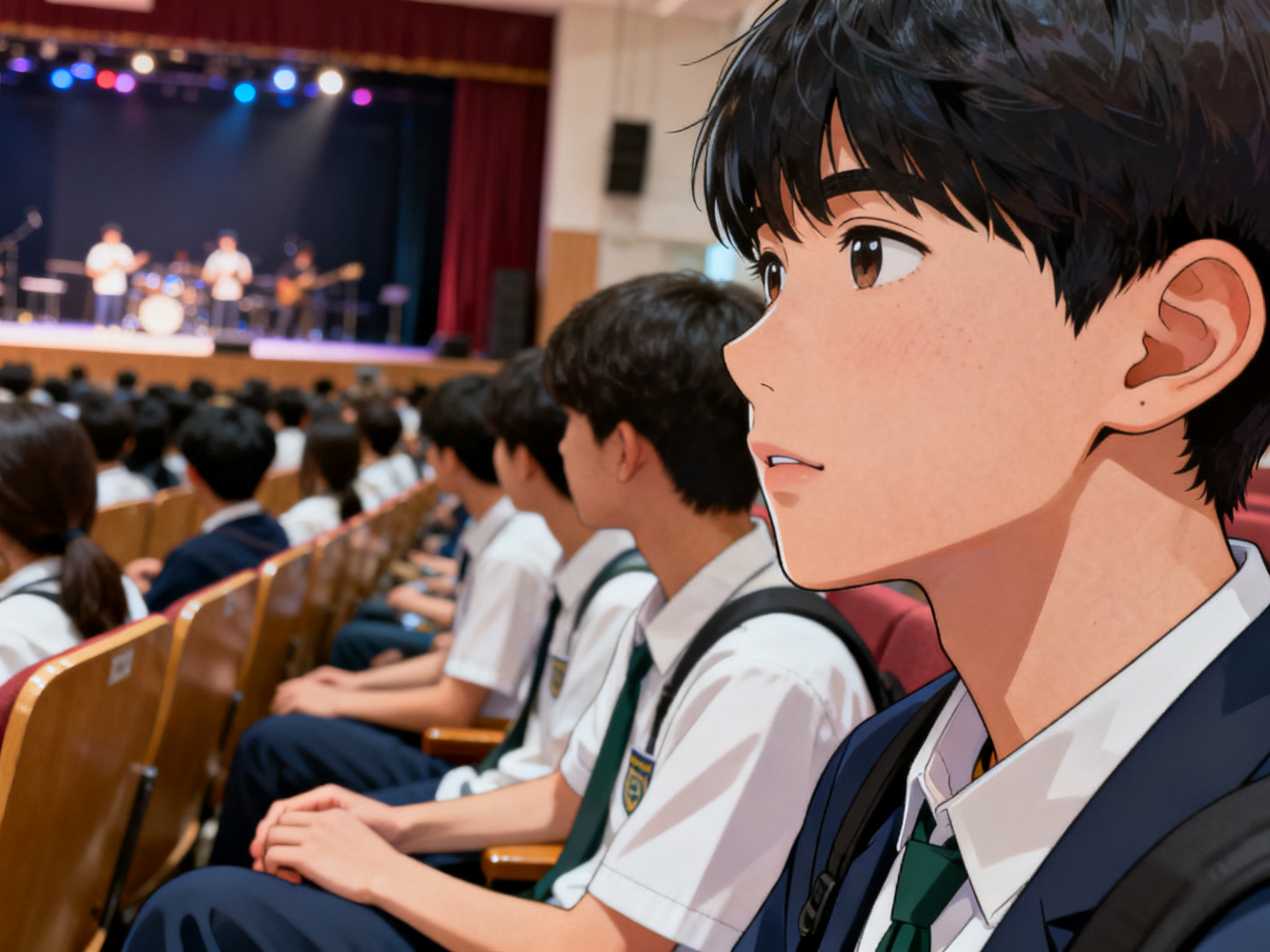 A student group sits in a school auditorium before a live performance begins on stage.