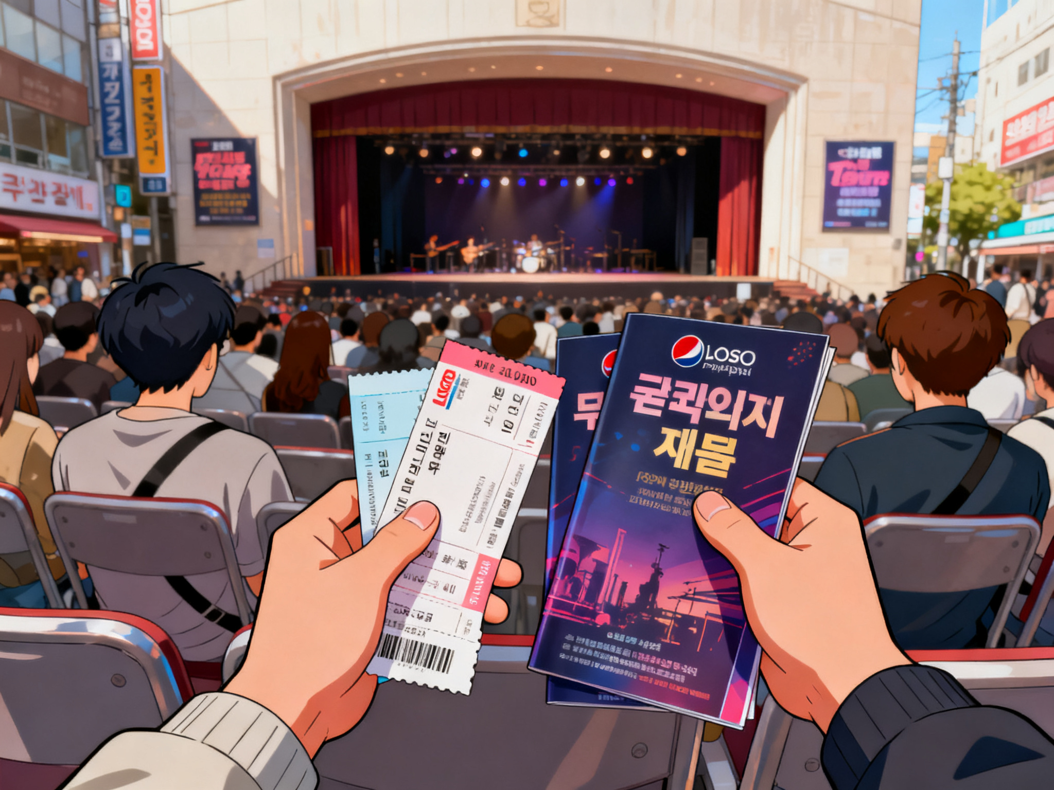 Hands clutching ticket stubs and program booklets as audiences enter a concert hall or theater venue.