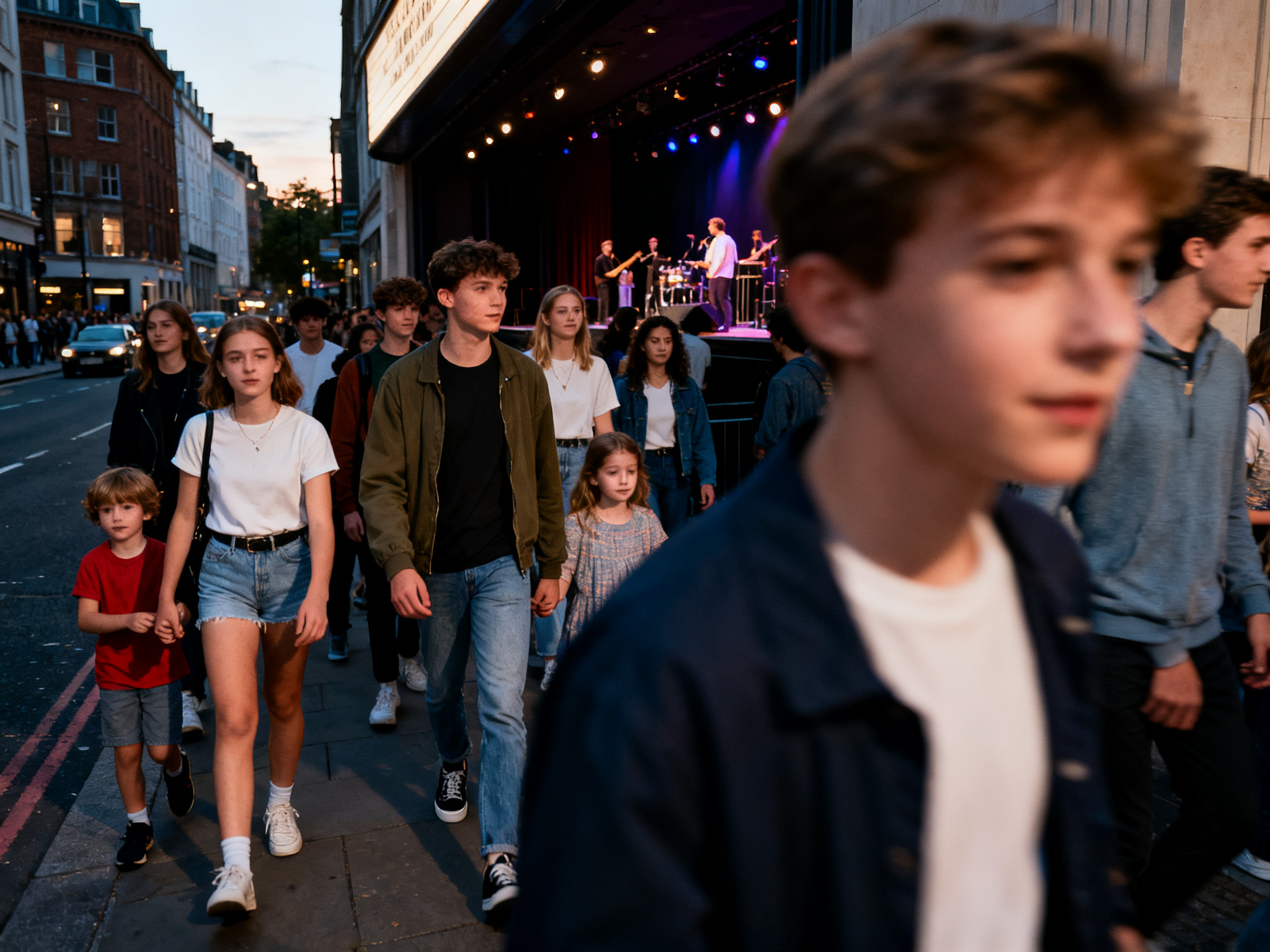A diverse crowd of young people and families exit a performance venue into an urban street at dusk.
