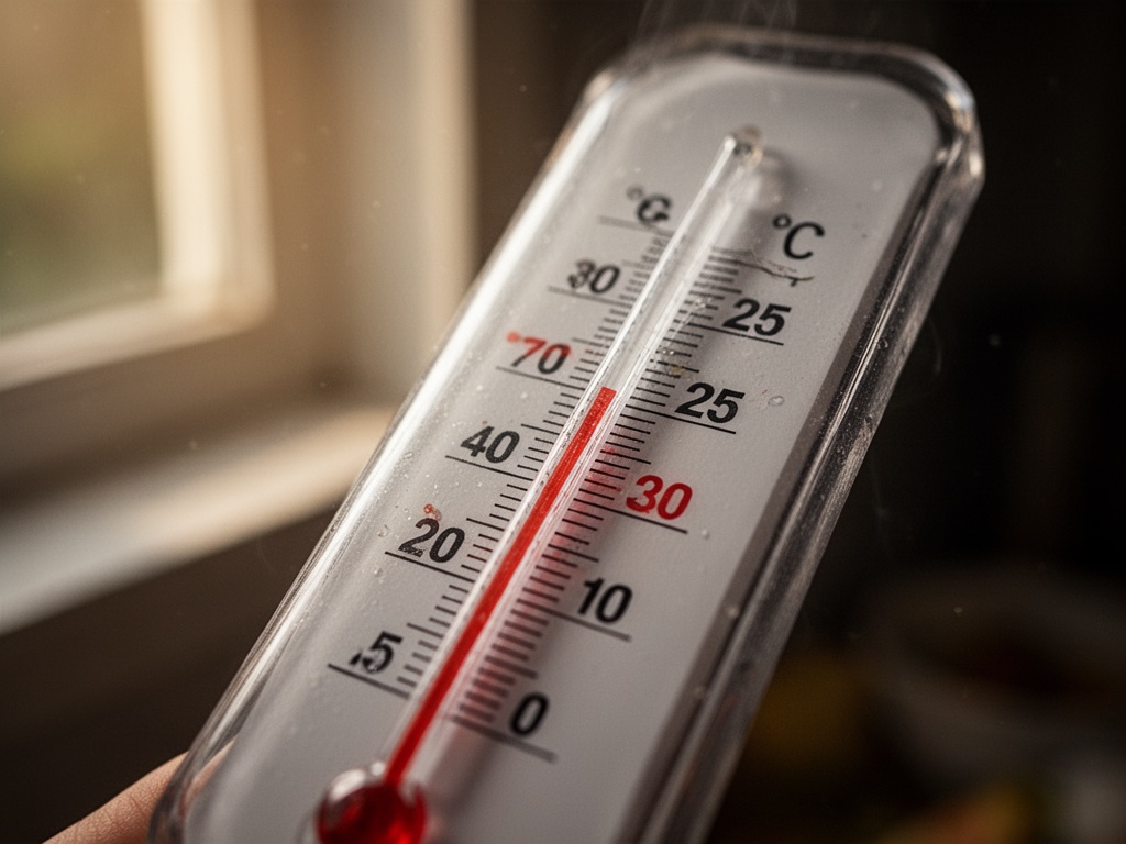 Close-up of a thermometer showing room temperature stuck at 25°C during a sweltering tropical night.
