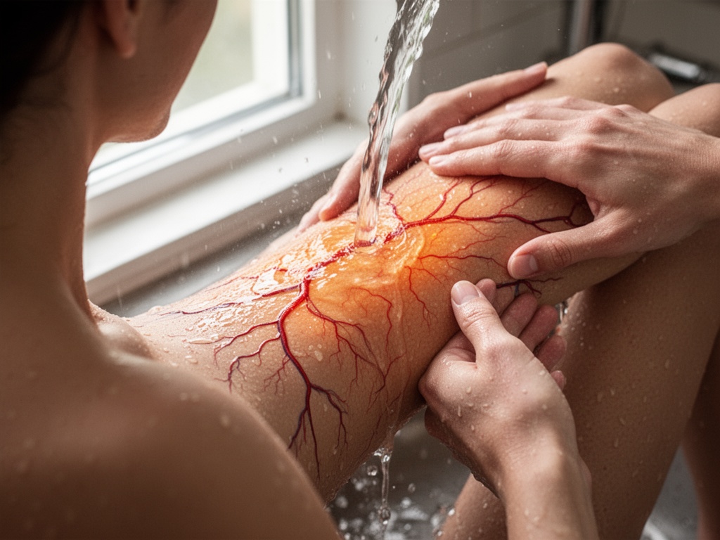 Peripheral blood vessels dilating visibly as warm water flows over skin, core body temperature descending internally.