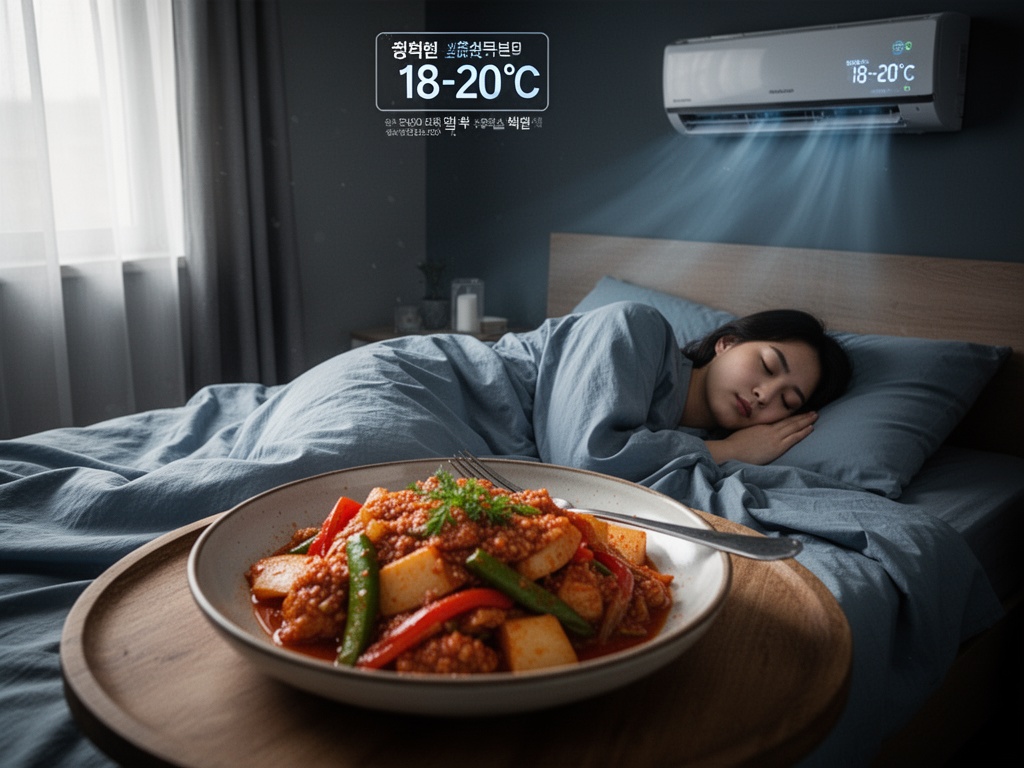 A darkened Korean bedroom with air conditioning set to 18-20°C, cool sheets arranged, person peacefully sleeping.
