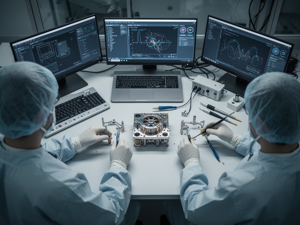 Engineers in clean-room attire assembling quantum hardware components with precision tools and equipment.